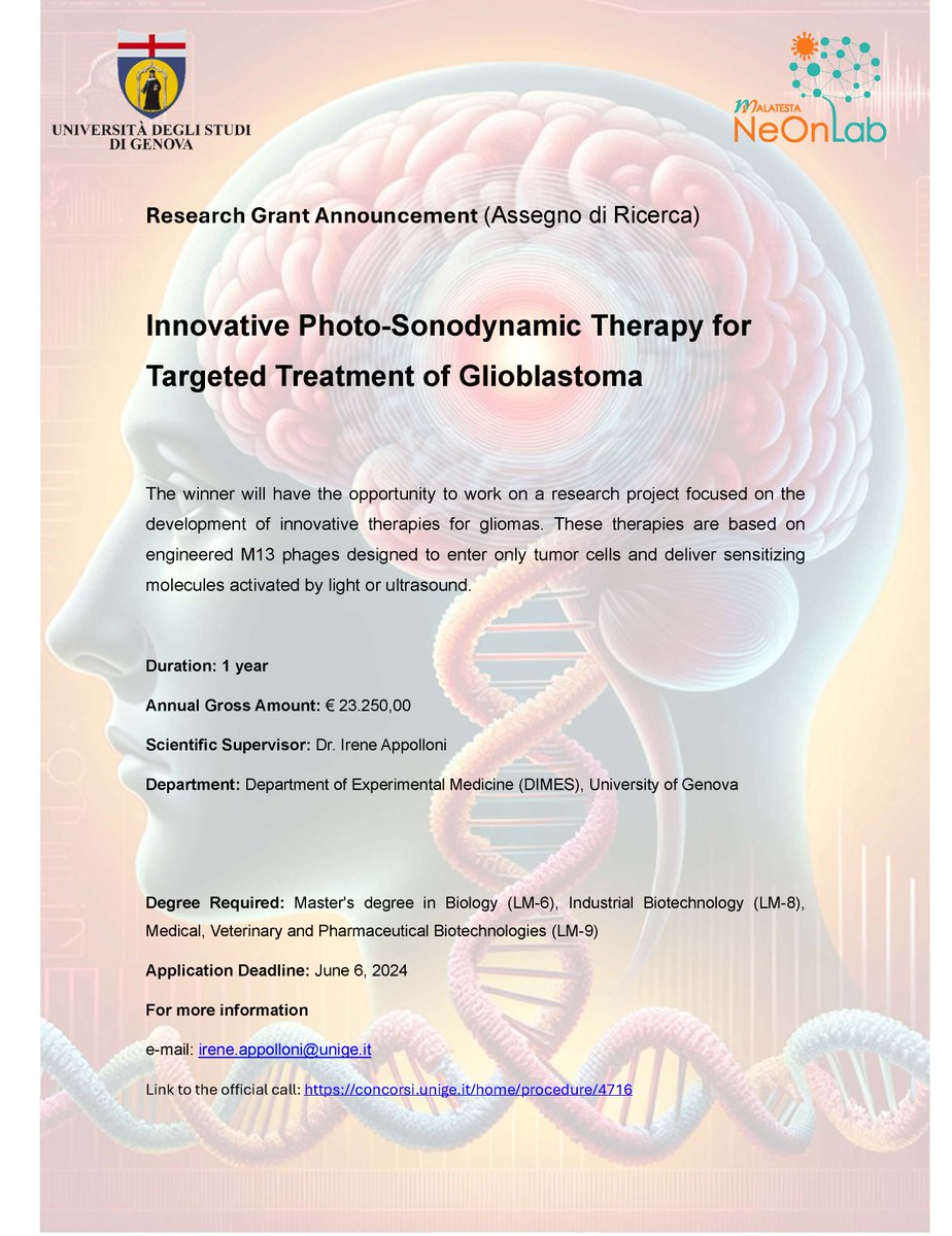 NeOnLab_'s tweet image. 🔬 Exciting Research Opportunity! 🧬 Looking for candidates for a 1-year research grant at NeonLab on innovative glioma therapies using engineered M13 phages. Deadline June 6, 2024. irene.appolloni@unige.it #ResearchGrant #Glioblastoma #Biotechnology #JobOpportunity @UniGenova.