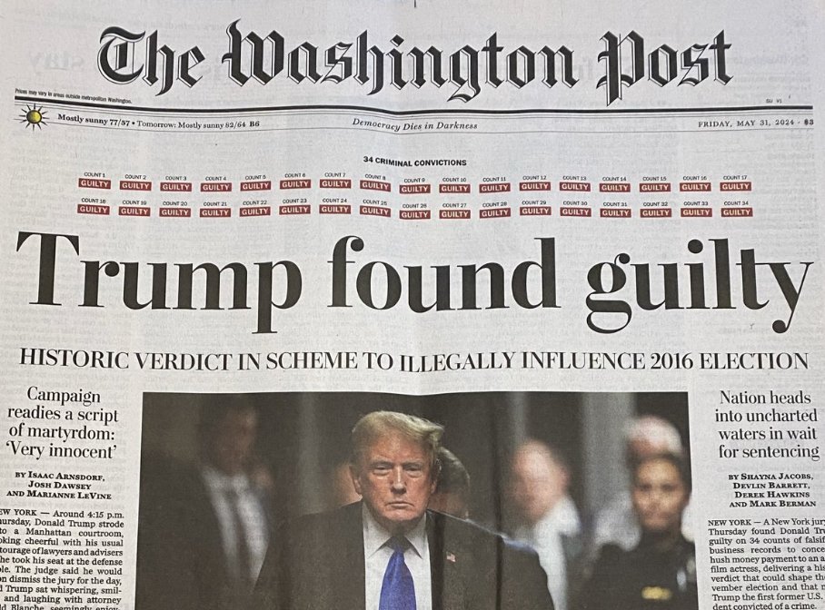 Kudos to the WaPo for an accurate headline. He was found guilty, it was a historic verdict, and it was for concocting and enacting a scheme to illegally influence the 2016 election. 

'Hush Money' and 'porn star' should not be in any journalistic headline.