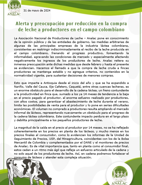 Alerta y preocupación por reducción en la compra de leche a productores en el campo colombiano. <a href="/MinAgricultura/">Min. de Agricultura</a> <a href="/asoleche/">Asoleche</a> <a href="/Fedegan/">FEDEGAN</a>