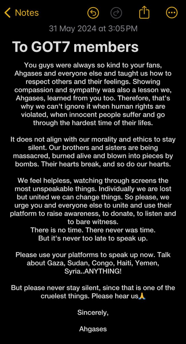 To the @GOT7 members:  

@jaybnow_hr @marktuan @JacksonWang852 @JINYOUNG @ChoiArs_YJ @BamBam1A @yugyeom 

Please hear us 💚

#SpeakUpGot7
#GOT7WithPalestine