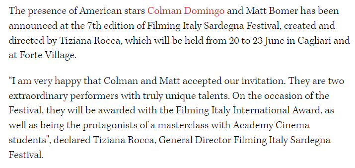 Annunciata la presenza delle star americane Colman Domingo e Matt Bomer alla 7ª edizione di Filming Italy Sardegna Festival. hollywoodreporter.it/film/festival-…

#MattBomer #ColmanDomingo 

Translation: