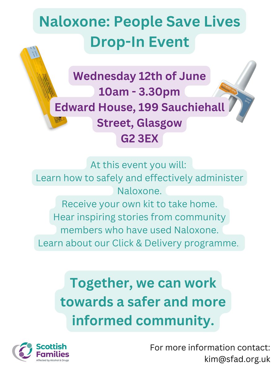 Join our friends @ScotFamADrugs at their drop in event and learn #HowToSaveALife with #Naloxone ❤️

Whether you're a partner, stakeholder, or a concerned member of the public, your presence and participation can make a difference. 💪