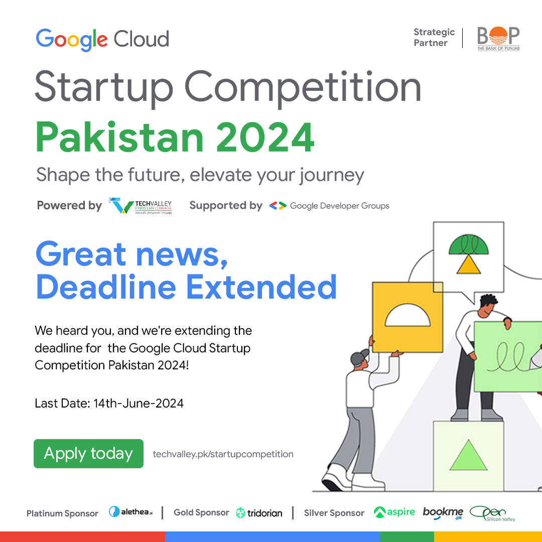 The Google Cloud Startup Competition Pakistan 2024 application deadline has been extended. 

The application deadline is now June 14th, 2024. 

Book your spot: rsvp.withgoogle.com/events/pitchpa… 

Details: techvalley.pk/startupcompeti… 

#GoogleCloudStartupCompetitionPK2024 <a href="/googlecloud/">Google Cloud</a>