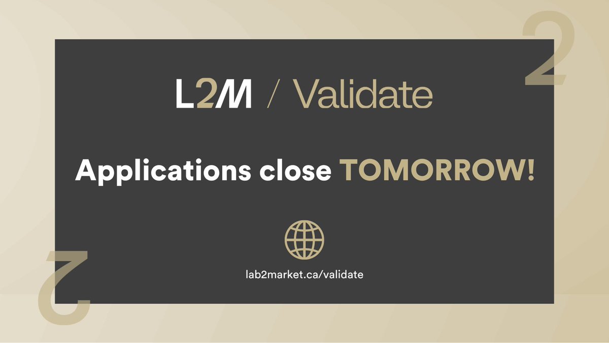 Last call! Don't miss out on <a href="/Lab2MarketCA/">Lab2Market</a> Validate, the deadline is tomorrow. Secure your spot now. Visit lab2market.ca/validate to apply before it's too late!

#Lab2Validate #DalInnovates #RegisterNow #Innovation #DeadlineTomorrow