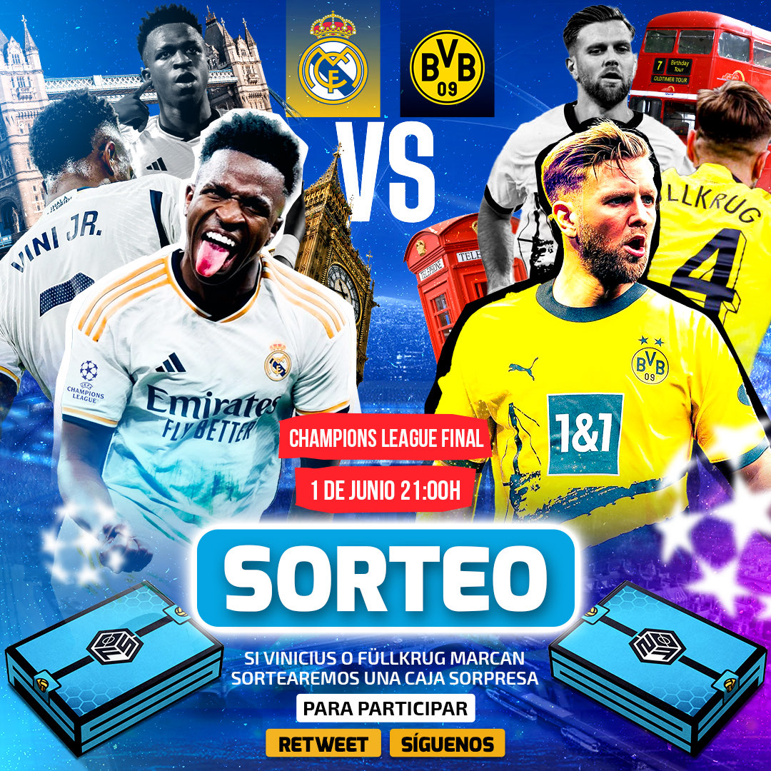 🚨SORTEO 🚨

👉 Si Vinicius o Füllkrug en el Real Madrid contra el Borussia Dortmund regalaremos una Caja Sorpresa 🎁

📬Para participar síguenos 🤝

♻ Retuitea el post ♻

👉 Menciona a un amigo 👈

💙 Dale like al post 💙

🍀 ¡Buena suerte a tod@s! 🍀

#UCL #RealMadrid #BVB