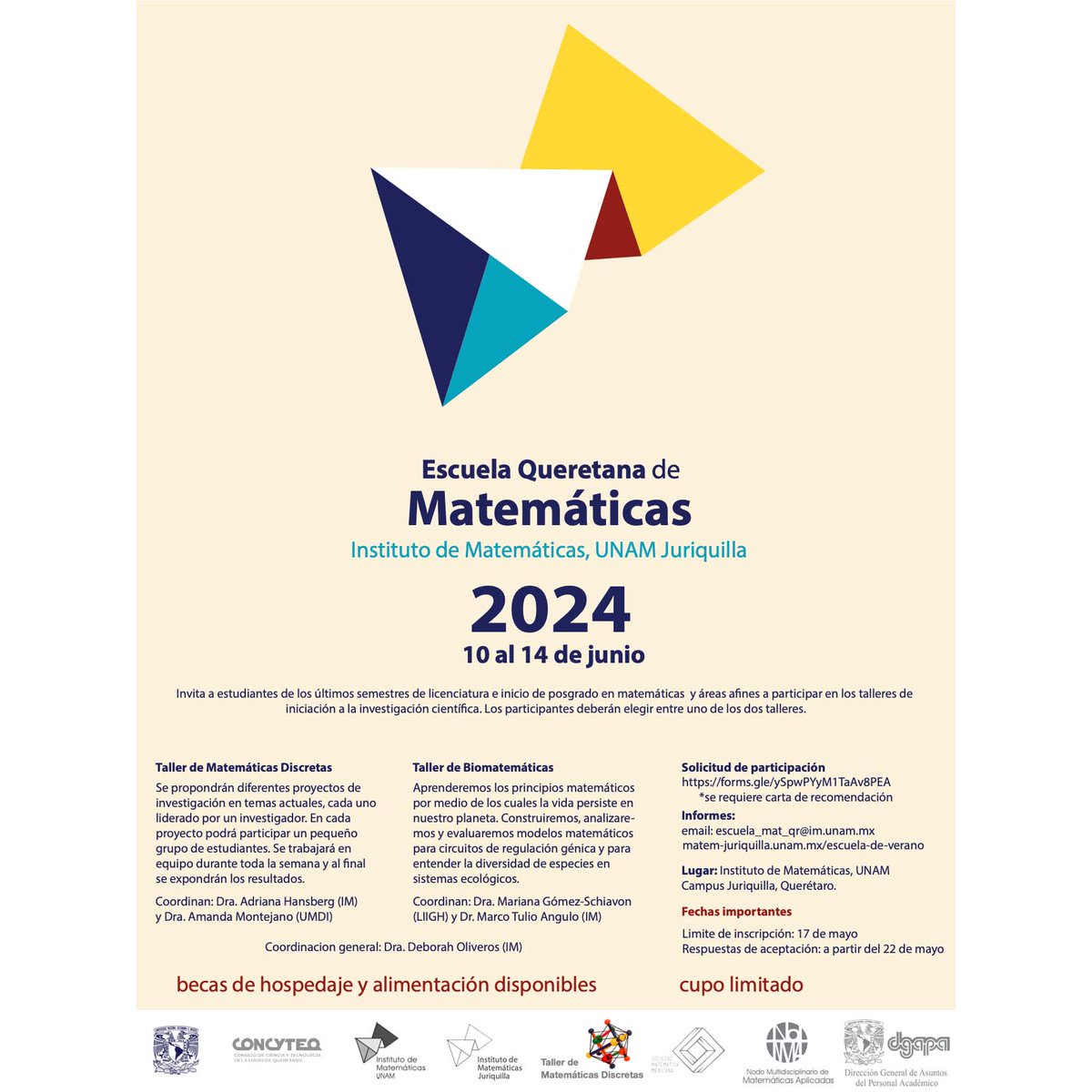 ¿Ya están listos para la próxima "#Escuela Queretana de Matemáticas”?

📍IM #Juriquilla
📅10-14 jun 2024
⚠️ Becas de hospedaje y alimentación disponibles

🌎Más info:
matem-juriquilla.unam.mx/escuela-de-ver…
