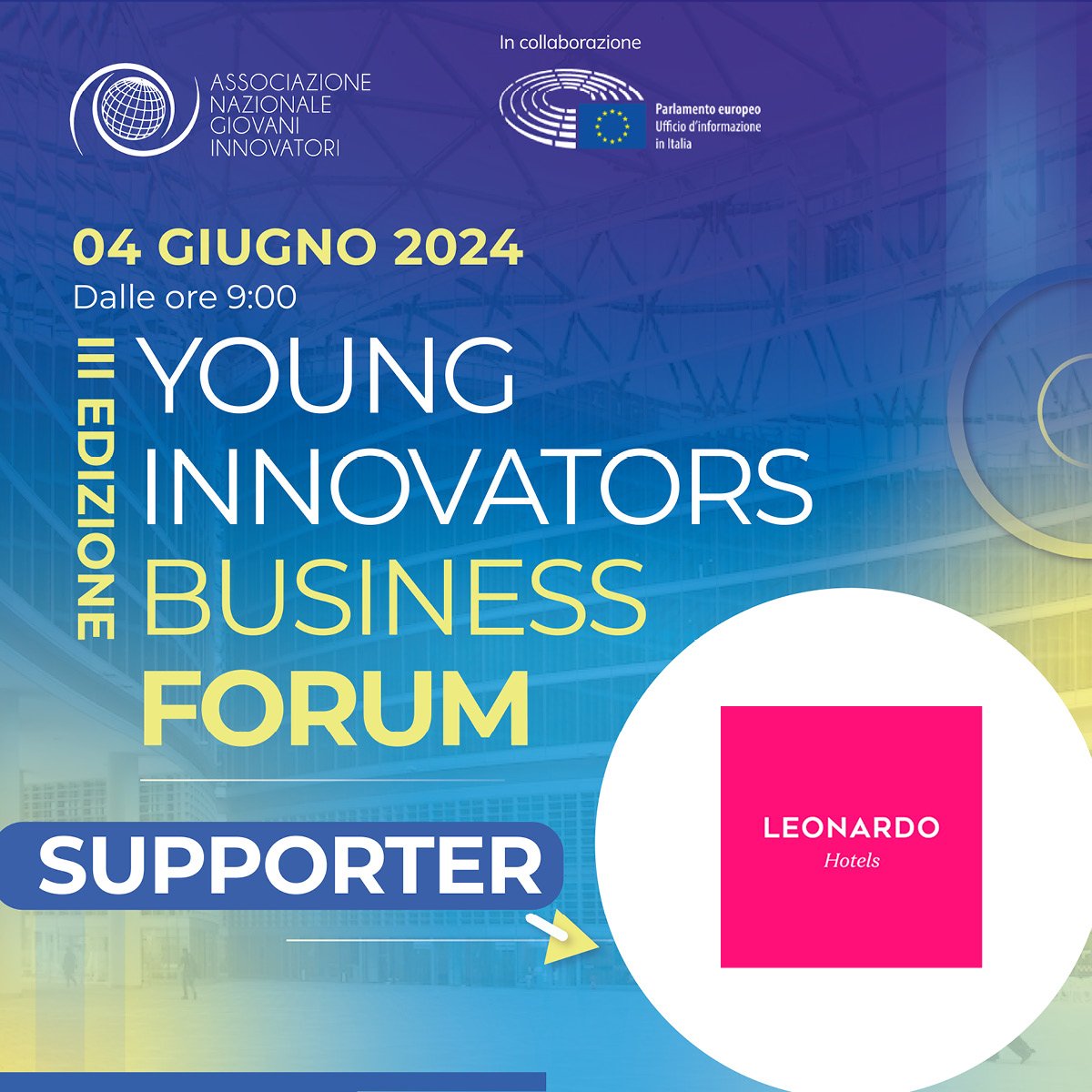 📌 Vi aspettiamo per la terza edizione del nostro #YoungInnovators #BusinessForum indetto per il 4 giugno p.v. presso la prestigiosa cornice dell'Auditorium Testori. 💡 Grazie a tutti i nostri supporter: #FLIXBUS, #ZUCCHETTI, #LEONARDOHOTEL, #DANISHCROWN, #HAM, #KIUVA, #ZFR.