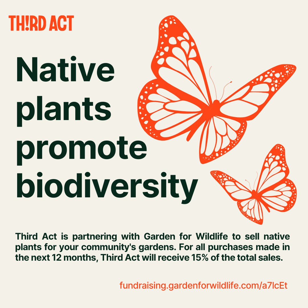🌿 Don't miss our collaboration with @Garden4Wildlife, which enhances #biodiversity by introducing native plants into local #gardens. #ThirdAct will receive 15% of the total sales for all purchases made in the next nine months. Learn more: fundraising.gardenforwildlife.com/a7lcEt #climateaction