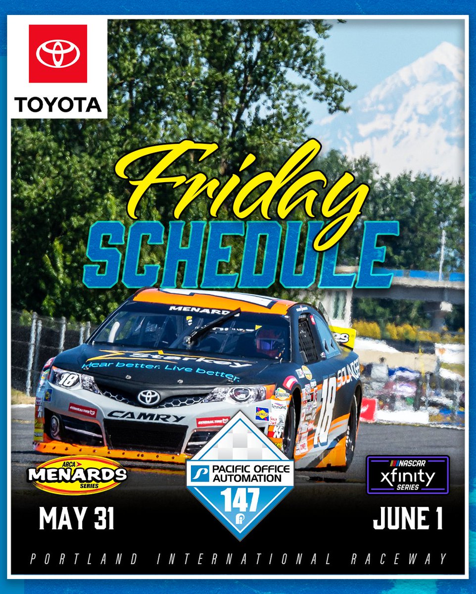 Race_Portland's tweet photo. Rise and shine! ☀️

PRO3 kicks off today’s on-track action at 9:00 AM, and @ARCA_Racing Series West headlines the day with a race at 4:00 PM

Check out today’s schedule 👇 

@Toyota / #NASCARPortland https://t.co/f0X7UFsTeb