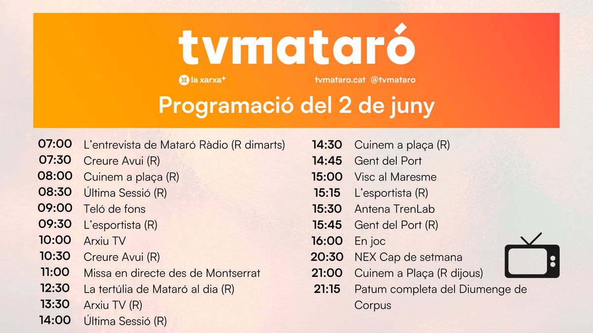 📺Programació | Informa't cada dia sobre #Mataró i el #Maresme a la teva televisió de proximitat. ➡️En directe a la TDT @laxarxames Connecta’t a tvmataró i no et perdis res!
