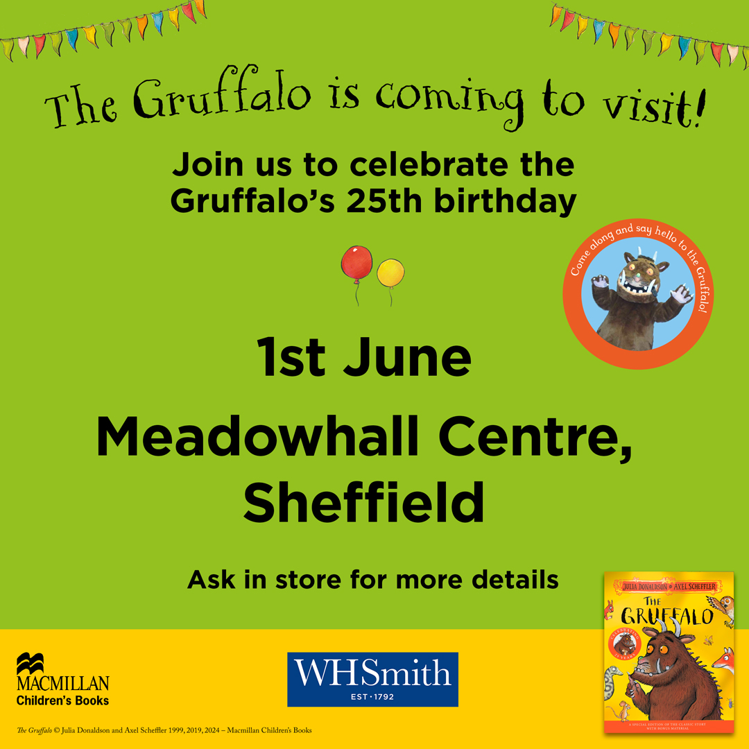 Join the Gruffalo at WHSmith's Meadowhall tomorrow! He'll be there in 20 minute intervals from 12pm - 2pm💚 Discover more 👉🏼 meadowhall.co.uk/eatdrinkshop/w… #meadowhall #gruffalo #whsmiths