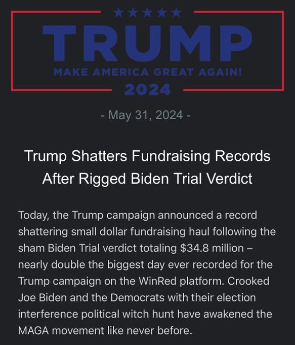 kylenabecker's tweet image. BREAKING.🚨

Former President Donald Trump *SHATTERS* the record for small donor fundraising with $34.8 MILLION dollars in a single day.

This is nearly double the biggest day ever recorded for the Trump campaign.