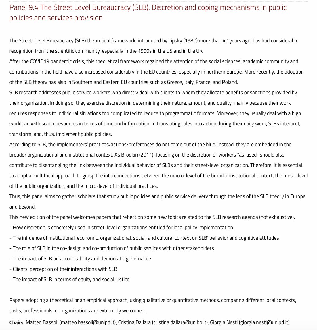 Last day to propose your paper proposal at the SISP Conference 2024. Panel 9.4 'The Street Level Bureaucracy (SLB). Discretion and coping mechanisms in public policies and services provision' (Section 9)
Instructions here 👉sisp.it/en/conference2…