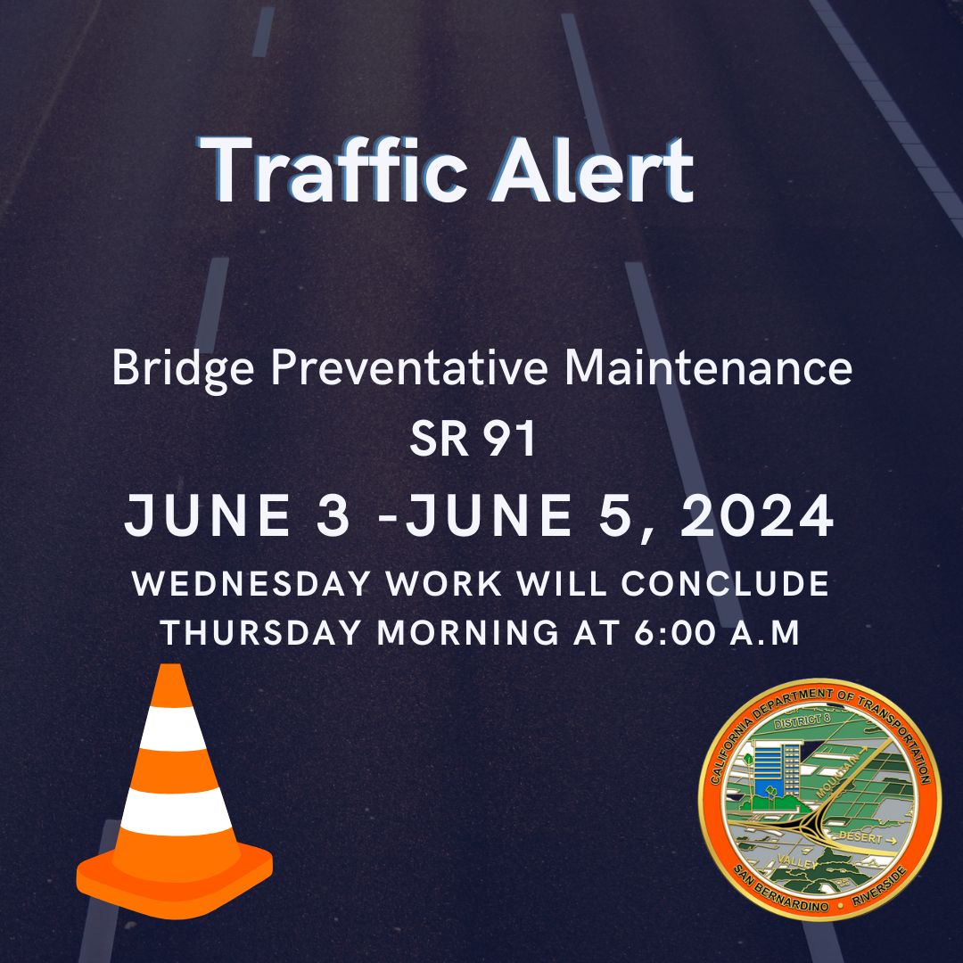 RIVCO:  Crews are 95% complete! Nighttime construction in Riverside at University Ave and SR 91 continues next week, 6/3 to 6/5, 9 pm to 6 am. Check alert for latest details. ➡️ conta.cc/3V0Kx4p  Plan your route to avoid delays. #Caltrans8