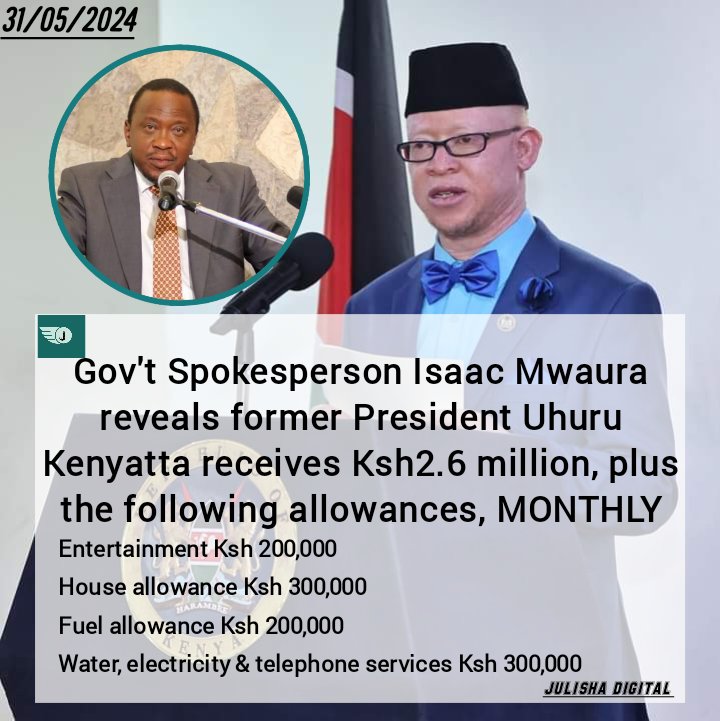 NEWS UPDATE Gov't Spokesperson Dr. Isaac Mwaura reveals former President Uhuru Kenyatta receives Ksh 2.6 million, plus the following allowances, MONTHLY Entertainment Kshs 200,000 House allowance Kshs 300,000 Fuel allowance Ksh 200,000 Water, electricity & telephone services