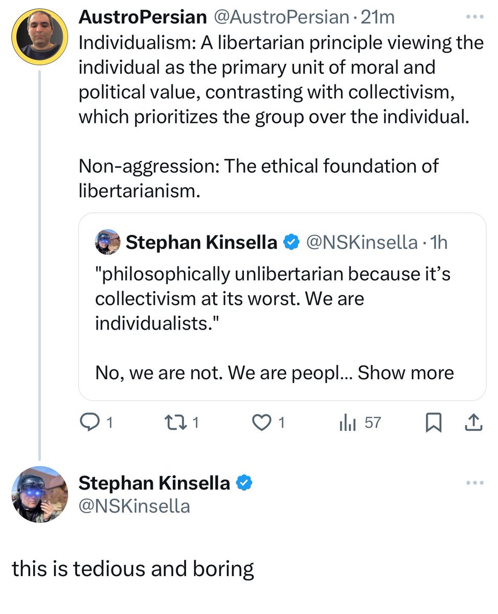 AustroJungian's tweet image. The problem with many ‘libertarians’ is they’re too political and bored with understanding the basic philosophy. Libertarianism can’t define aggression without first establishing the individual as the primary unit of value, aka individualism.

#IndividualRights #NonAggression