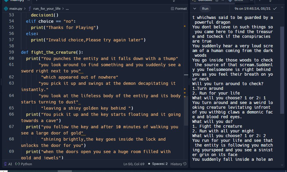 RohanDevZone's tweet image. So I have created this short text based adventure game in python. I didn&apos;t stretched the story too much ,just a short game because It would get more complex and I wanna focus on more interesting projects ill make and share it here. #Python #Programming #Game #pythongame #project
