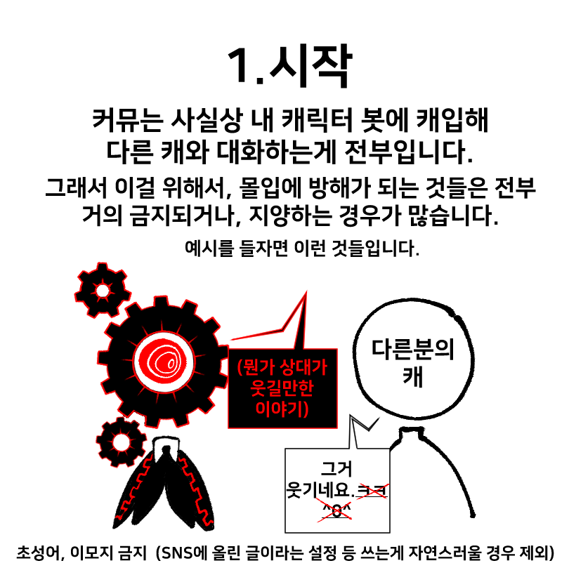 ocohc_CT's tweet photo. ~첫 커뮤 트친분들을 위한 간단한 커뮤 소개서~

예의, 금지사항, 필수용어와 그 예시 등등을 설명합니다~~
타래로 조금씩 잇습니다.!

+4번 짤의 경우엔, 본인의 캐릭터 설정과 맞지 않는 행동과 상황을 연출하거나, 원하는 대화를 하려고 억지로 하는 것도 어느정도 포함됩니다. (=캐붕금지!) https://t.co/0VKBEr3j8B