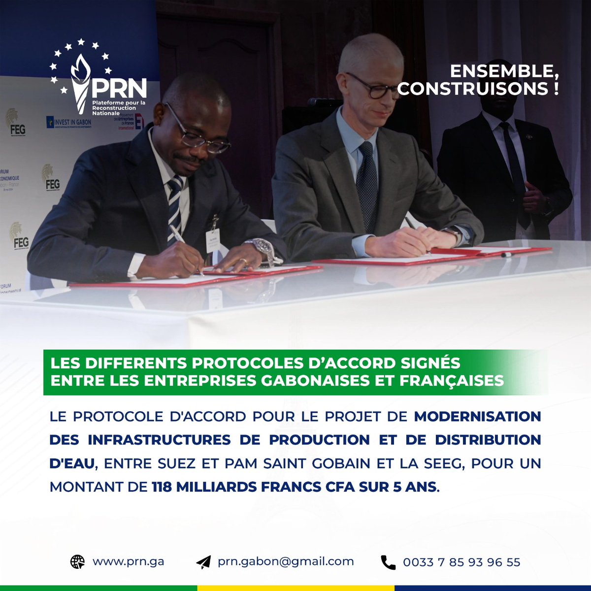 PrnGabon's tweet photo. Lors du Forum Gabon-France, plusieurs protocoles d'accord ont été signés entre les entreprises gabonaises et françaises.
.
.
En infographie, quelques accords 👇🏾

Ensemble, construisons !

#PRNGabon #CTRI #Accords #Gabon https://t.co/5yGBjxrsXk