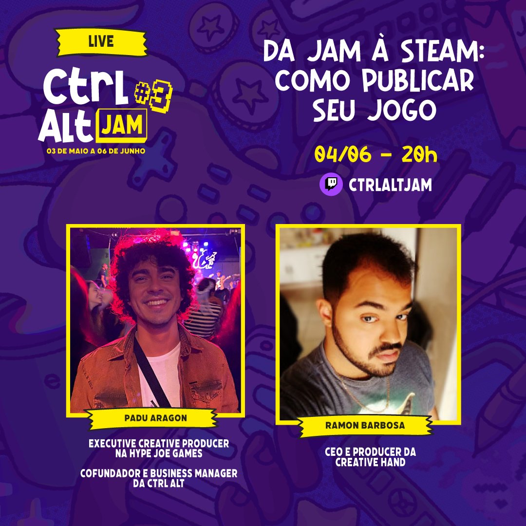 ctrlaltjam's tweet photo. Como lançar o seu jogo na STEAM depois da CTRL ALT JAM?
Convidamos o Ramon Barbosa, desenvolvedor a mais de 10 anos, atualmente CEO e Producer da Creative Hand e que lançou na STEAM o jogo Tiny Witch.
04/06 - 20h na nossa twitch!
#ctrlaltjam #indiegamedev #gamedevs https://t.co/zM7TNORXIj