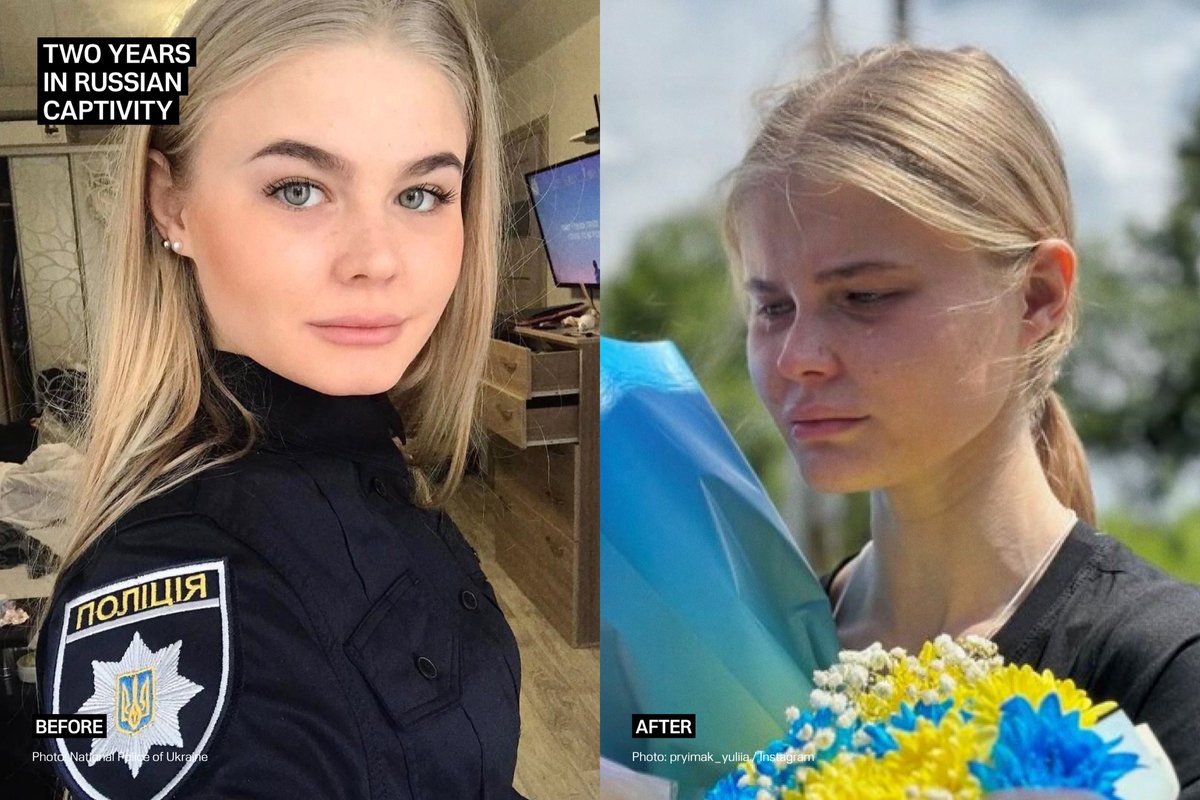 This is Mariana Checheliuk, a 24 year old National Police Investigator from #Mariupol, who spent over 2 years in russian captivity. She has returned home as part of a POW exchange. This photos speak volumes about russian's nature; this cruelty is beyond understanding.