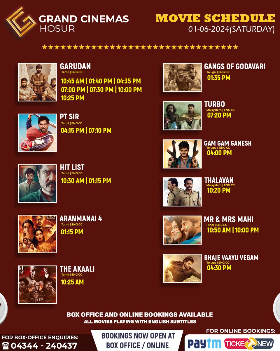 cinemas_grand's tweet photo. 1.6.24[Saturday] Schedule. Movie of the week-#Garudan .7 shows. #grandcinemashosur #hosurmovies #hosurtalkies #hosurfans #hitlistmovie #PTSIR #Turbomovie #thalavan #MrandMrsMahi #GangsofGodavari #Aranmanai4 https://t.co/U3sPxHRH5w