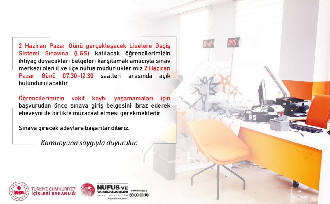 ✍️ Pazar günü gerçekleşecek Liselere Geçiş Sistemi Sınavı için nüfus müdürlüklerimiz açık olacaktır.

‼️ İşlemler randevusuz olarak gerçekleştirilecektir.   

#HayatınızınHerAnında