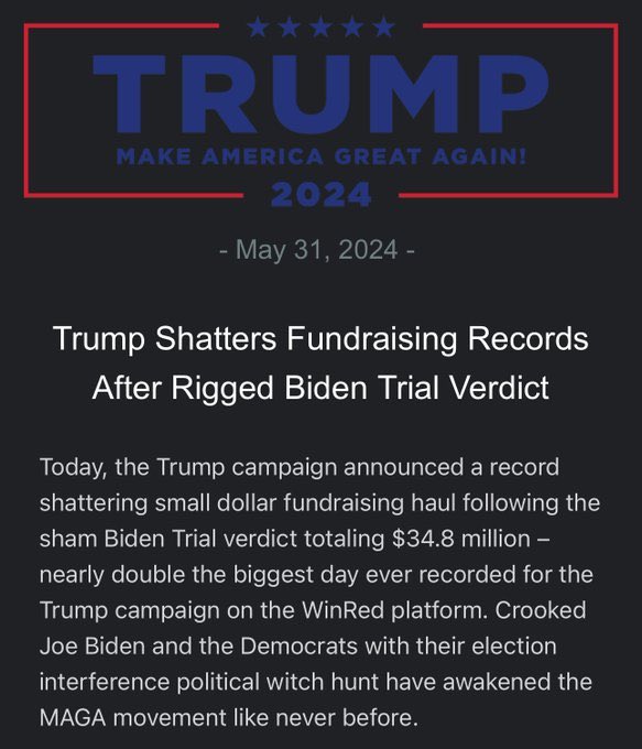 Whoa. Trump just raised $34.8 million in small-dollar donations — nearly double the all-time record.