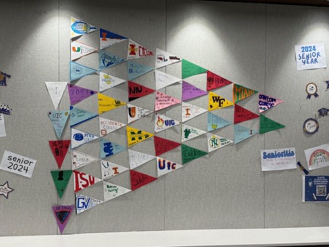 Before the end of school, Maine East hosted a "Next Steps/Decision Day" celebration and asked to students to design a pennant showing what they'll be doing next year - college, trade school, job, apprenticeship or military. Congrats to all the graduates!