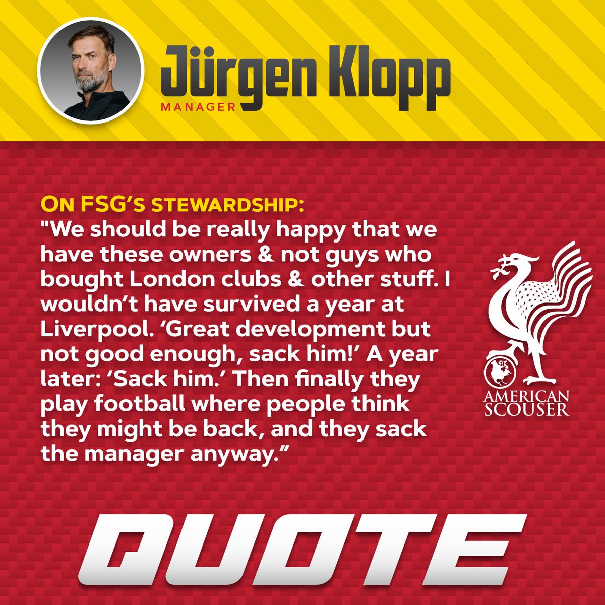 Klopp making sure everyone knows he appreciated FSG's stewardship during his time here. While also making sure to take a flame thrower to Chelsea and their never ending revolving door at manager. Love & will miss quotes like these!
#LiverpoolFC #LFC #YNWA #ChelseaFC #JurgenKlopp