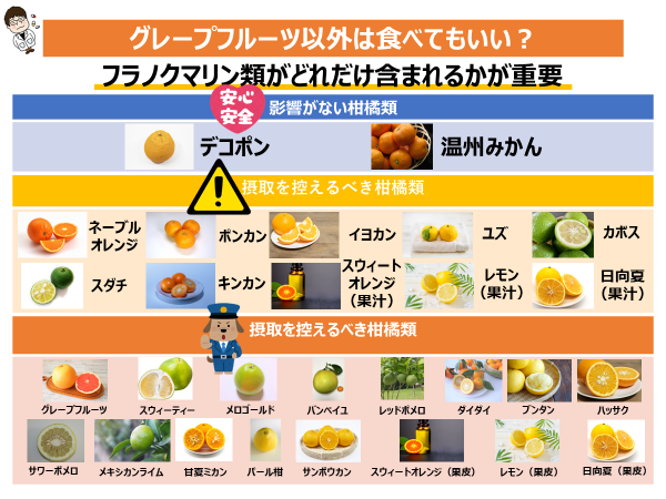 【グレープフルーツ以外の柑橘類は❓】
グレープフルーツジュース注意されたことはありませんか❓

含まれる【　フラノクマリン類　】が代謝を抑制し、体内に残り悪影響となる可能性が

フラノクマリン類が
🔵検出されたなかった
🟨少量含まれる
❌一定以上

代わりになるかはわかりませんが...