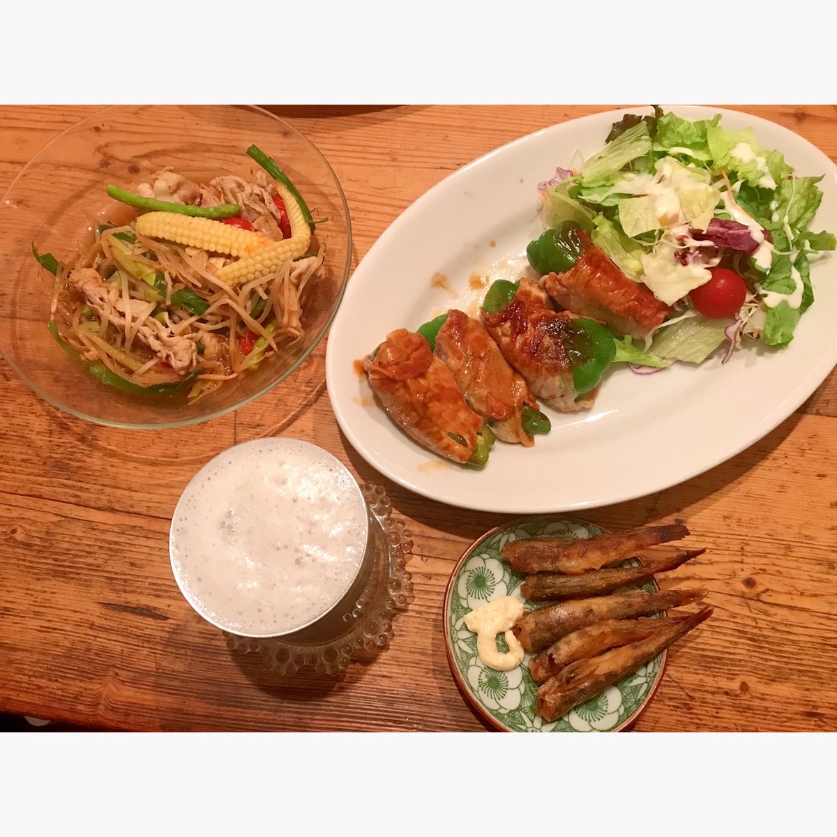 ryunosuke_h's tweet photo. #晩酌 #肴 #ピーマンとチーズの肉巻き #tomato #メヒカリ唐揚げ #いぶりがっこタルタル #メヒカリ #ヤングコーンと豚肉の炒め #youngcorn #beer #家呑み #宅呑み #おうち居酒屋 #家べろ #宅べろ https://t.co/OZd3mmPoxE