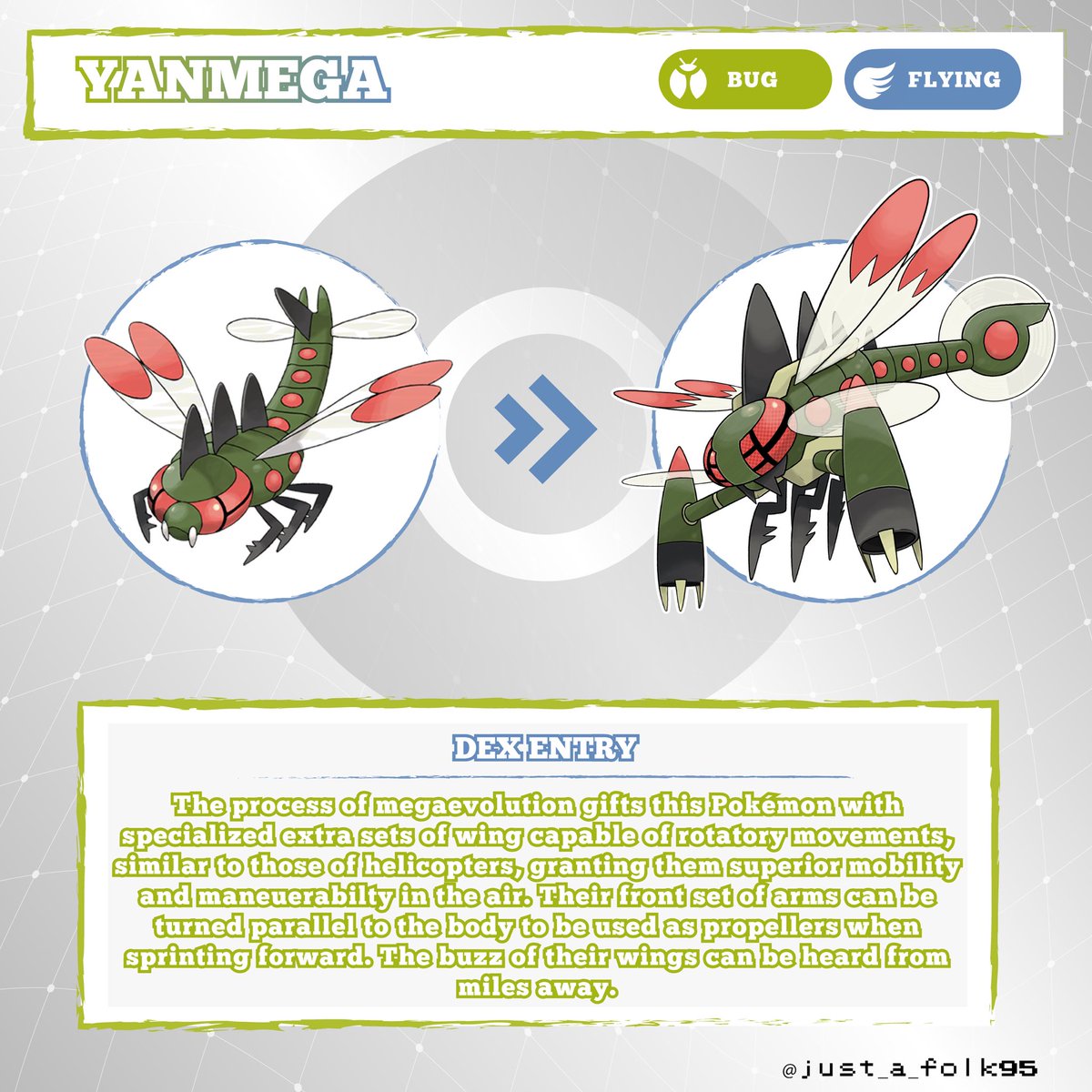 My 3rd and last entry for @PragMagiks' #megamaymagik contest!

The temptation to go for the Bug/Dragon was there, but in the end I kept the original typing (yeah, not even Steel). Took inspiration from Helicopters and Tiltrotors.

#Pokemon #fakemon #megaevolution #PokemonLEGENDS