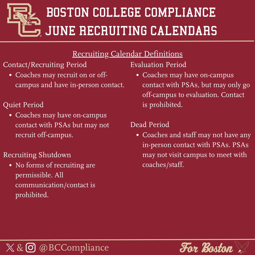 BCCompliance's tweet photo. Hey Eagles! Here are the recruiting calendars for the month of June! Happy recruiting!🦅🏆 #BCCompliance #ForBoston https://t.co/T0fEGcOrvx