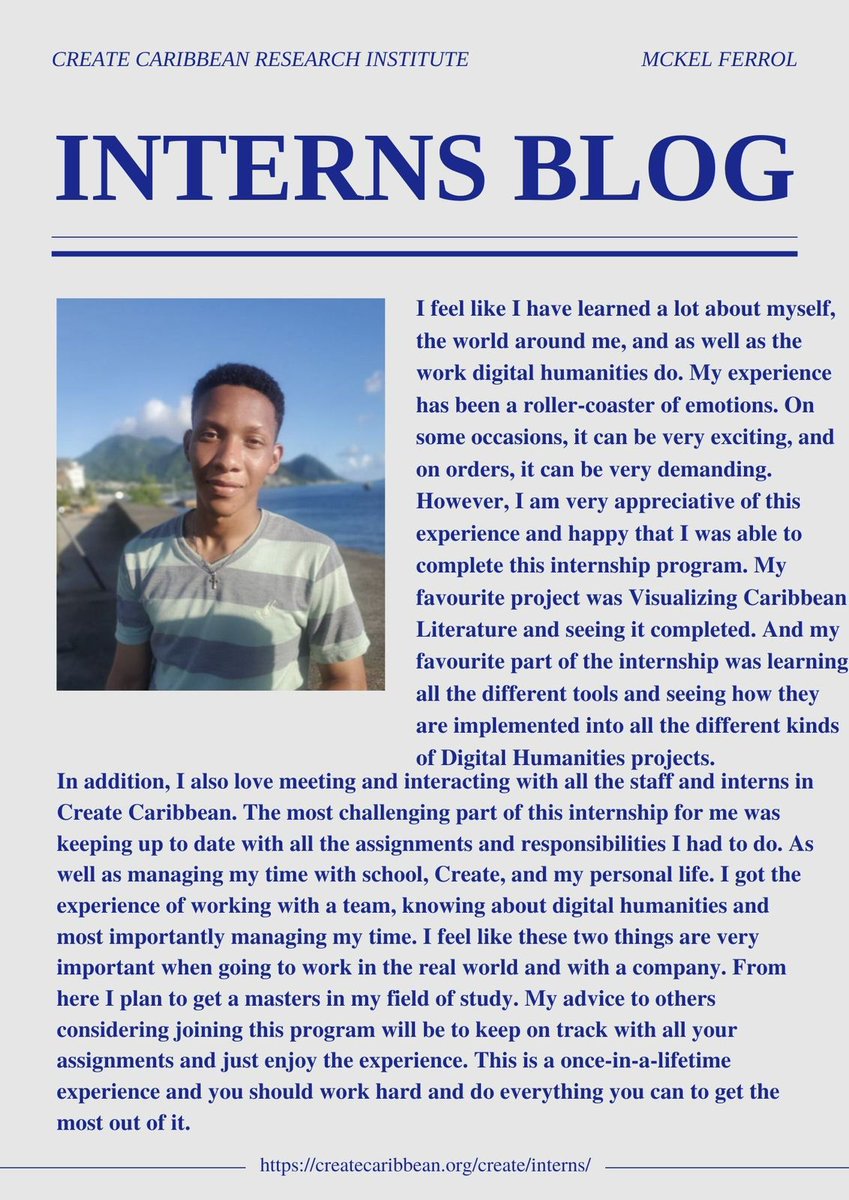 Celebrate Mckel’s incredible journey with us! 🎉 

While being apart of Create Caribbean, he has learned so much about himself, the world, and the digital humanities. 

#InternLife #DigitalHumanities #CreateCaribbean #FutureReady