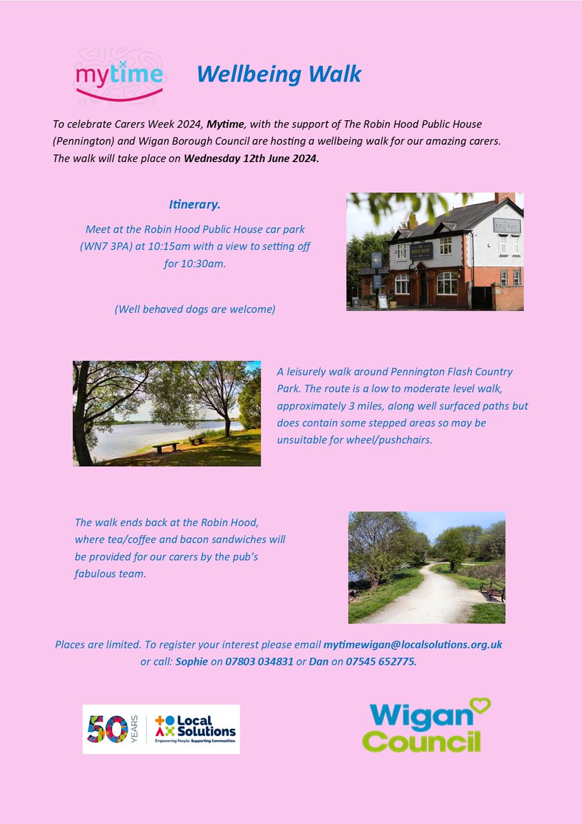 We are proud to announce our Wellbeing Walk, taking place Wednesday 12th of June, to celebrate Carers Week 2024. 🚶☕
To register your interest please email mytimewigan@localsolutions.org.uk 😀

<a href="/WiganCouncil/">Wigan Council</a> <a href="/LocalSolutions_/">Local Solutions</a> @CarersWigan

#CarersWeek2024 #supportingcarers