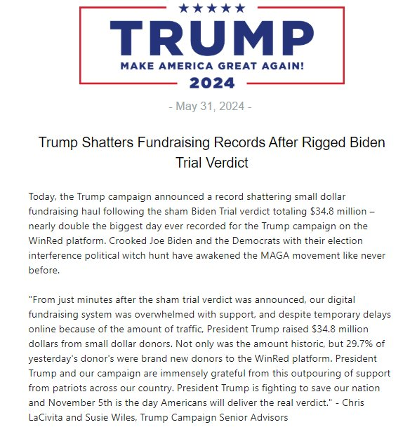 CollinRugg's tweet image. JUST IN: The Trump campaign raised a whopping $34.8 million in small dollar donations after Trump was convicted in New York City.

The people are awake 🔥

"President Trump raised $34.8M dollars from small dollar donors," the campaign announced.

An equally remarkable statistic…