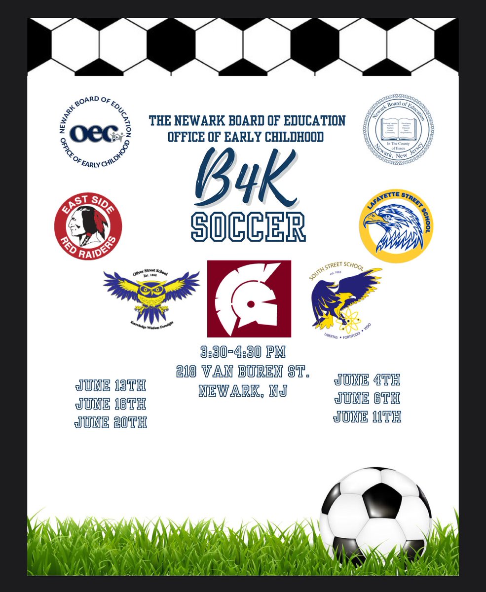 Hawkins Street School would like to share information for a free soccer program for Pre-K 4 students. Sessions will run from June 4-28 from 3:30-4:30 at Independence Park. Enrolled students will also be invited to summer camp. Please see flyer for more information. #WeAreHawks
