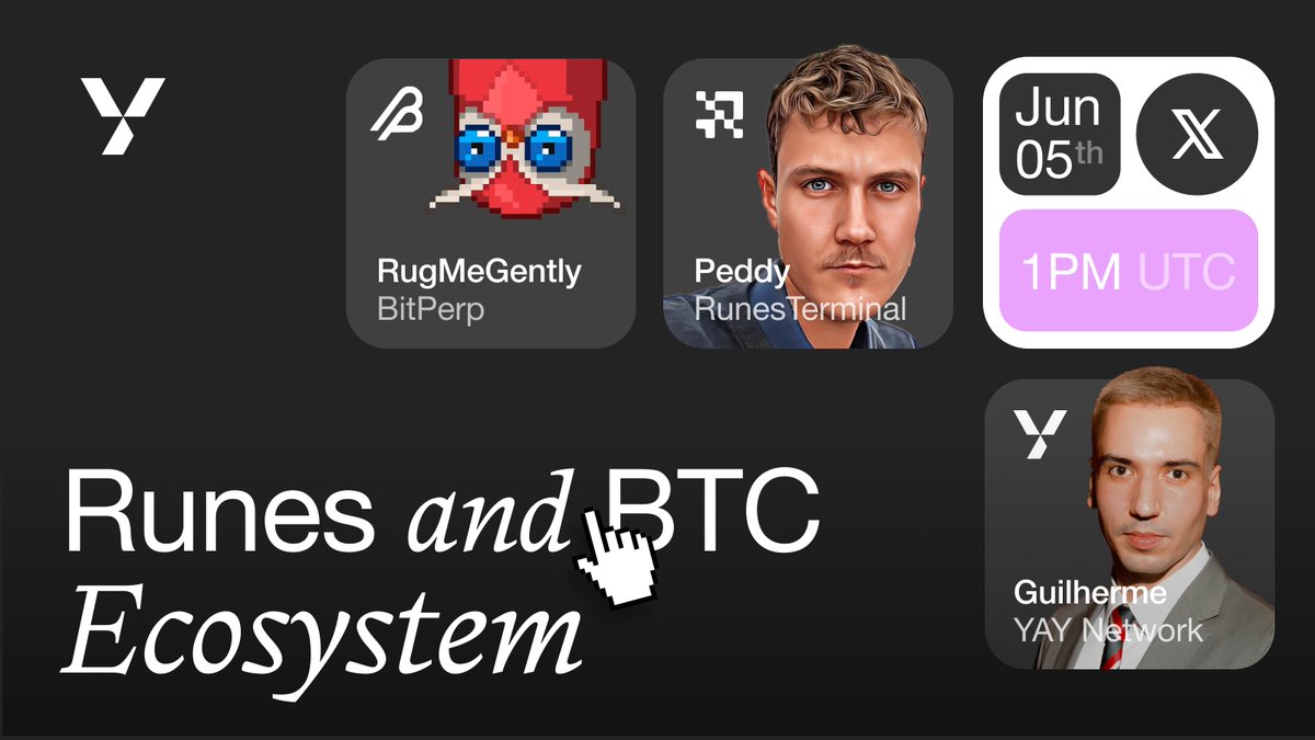 yaynetwork's tweet photo. 🎙️ YAY Network Space Vol 19 - Runes and BTC Ecosystem 🚀

Join our X Space with @peddy2612 from @runes_terminal and @bitperp for a deep dive into one of the hottest narratives!

🗓️ Date: Wed, 5th of June, 1PM UTC
📍 Venue: https://t.co/5AiuHzUhXy

👇 We're hosting a giveaway👇 👀