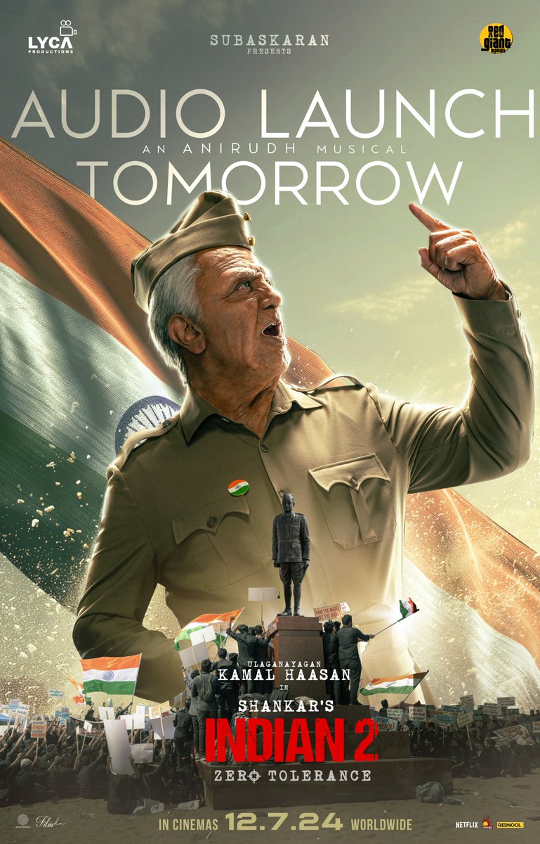 #Indian2 Audio Launch Tomorrow 
.
.
@shankarshanmugh @anirudhofficial @LycaProductions #Subaskaran @RedGiantMovies_ @PenMovies #PenMarudhar @asiansureshent @SriLakshmiMovie @GokulamMovies @MsKajalAggarwal #Siddharth @Rakulpreet @priya_Bshankar @iam_SJSuryah @thondankani