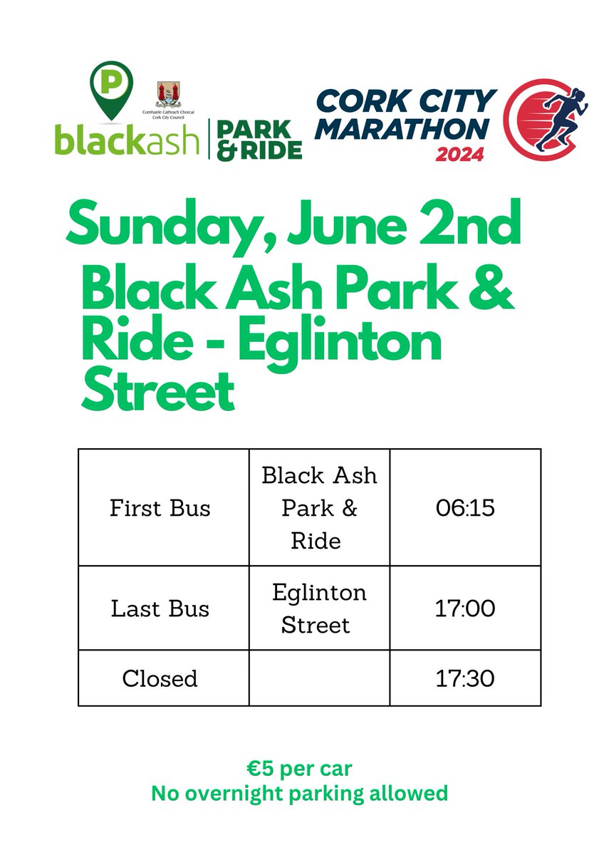 The Black Ash Park &amp; Ride is open on Sunday for #CorkCityMarathon. Best of luck to all taking part 🚗