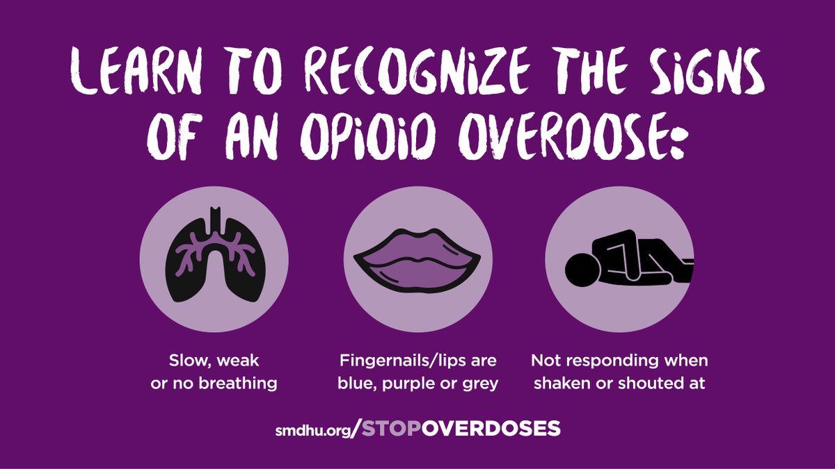 Learn to recognize the signs of an opioid overdose: slow or no breathing, blue/purple lips/nails, and unresponsiveness, Naloxone can reverse these effects. #RecognizeTheSigns #CarryNaloxone
ow.ly/HvvG50RYXQj