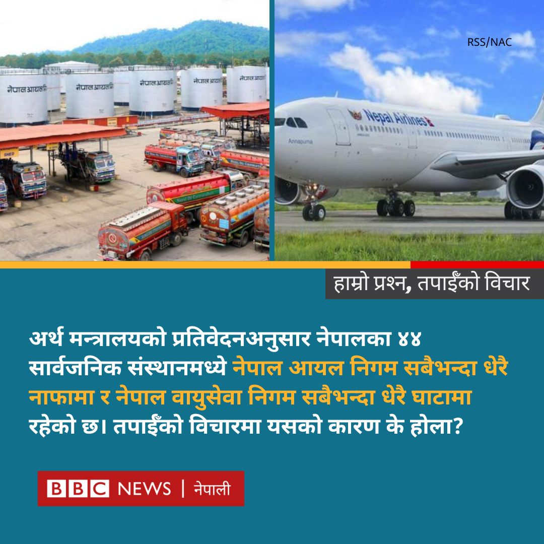 bbcnepali's tweet image. कुनै संस्थान धेरै नाफामा र कुनै धेरै घाटामा रहनुको कारण के होला?
#BBCNepali #NepalEconomy #PublicUtilities