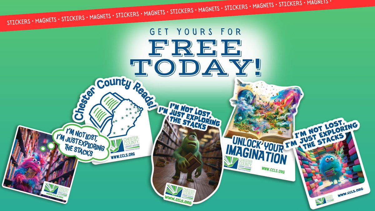 ChesCoLibrary's tweet image. Pick up your FREE Chester County Library System sticker or magnet from the Circulation Desk this weekend, while supplies last!
#libraryswag #FreeStickers #freemagnets #chestercountylibrarysystem #chescopa #chestercountypa