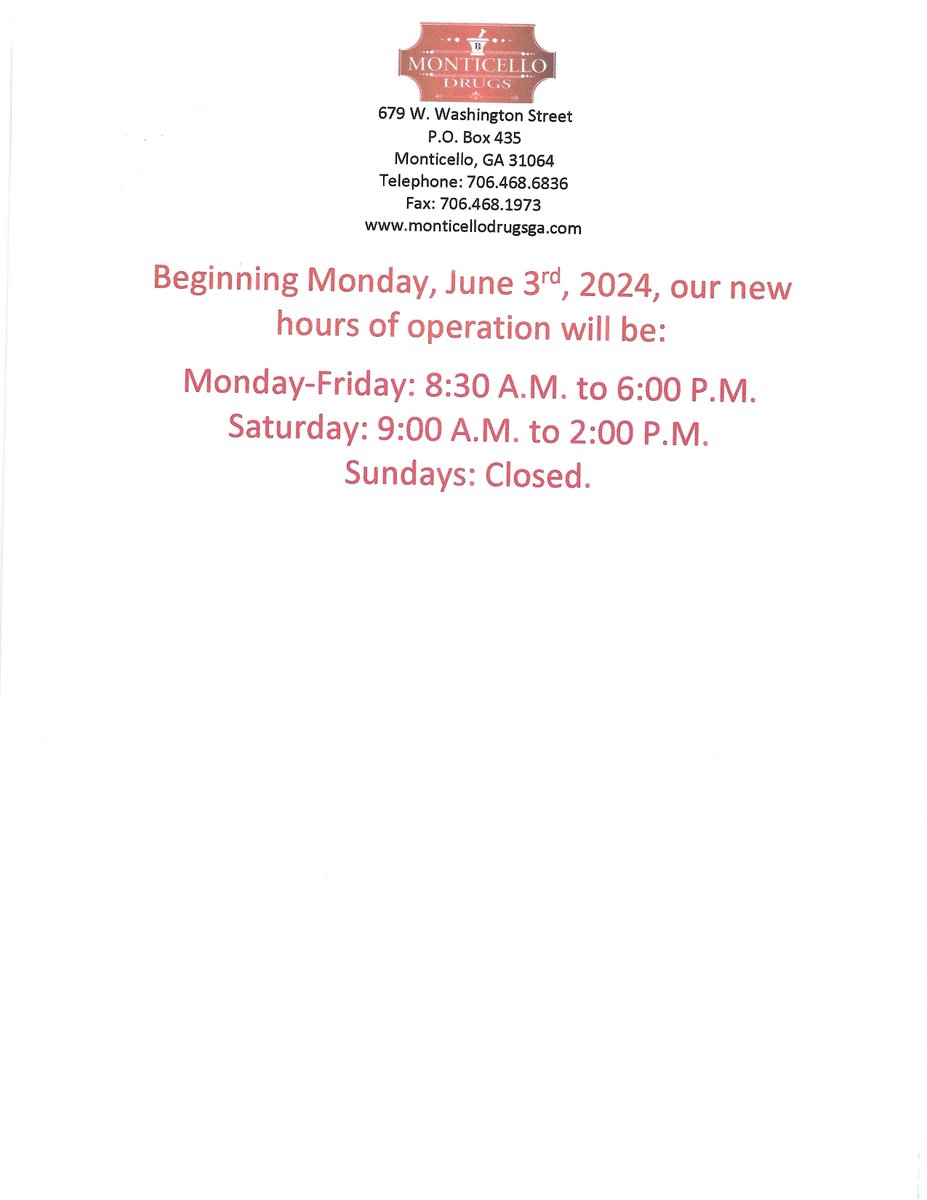 RealRossHays's tweet photo. Attention @MonticelloDrugs Patients! Our hours of operation will change this coming Monday, June 3rd. 2024. Please see the attached flyer for more information! https://t.co/FnR5IXnbWP