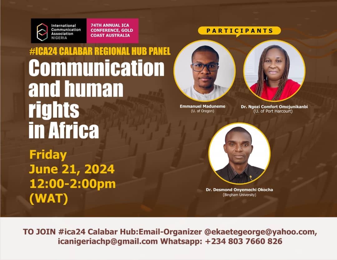 Nigeria Regional Hubs - ICA Annual Conference (@ica22phchub) on Twitter photo Africa will be the focus in <a href="/icahdq/">International Communication Association</a> #ica24 #ICA24Hubs Calabar Hub on Friday, June 21, 2024; 12 - 2pm WAT.
Communication and human rights in Africa
Join <a href="/icanigeriachp/">ICA Nigeria Chapter</a> ... details below Africa will be the focus in <a href="/icahdq/">International Communication Association</a> #ica24 #ICA24Hubs Calabar Hub on Friday, June 21, 2024; 12 - 2pm WAT.
Communication and human rights in Africa
Join <a href="/icanigeriachp/">ICA Nigeria Chapter</a> ... details below