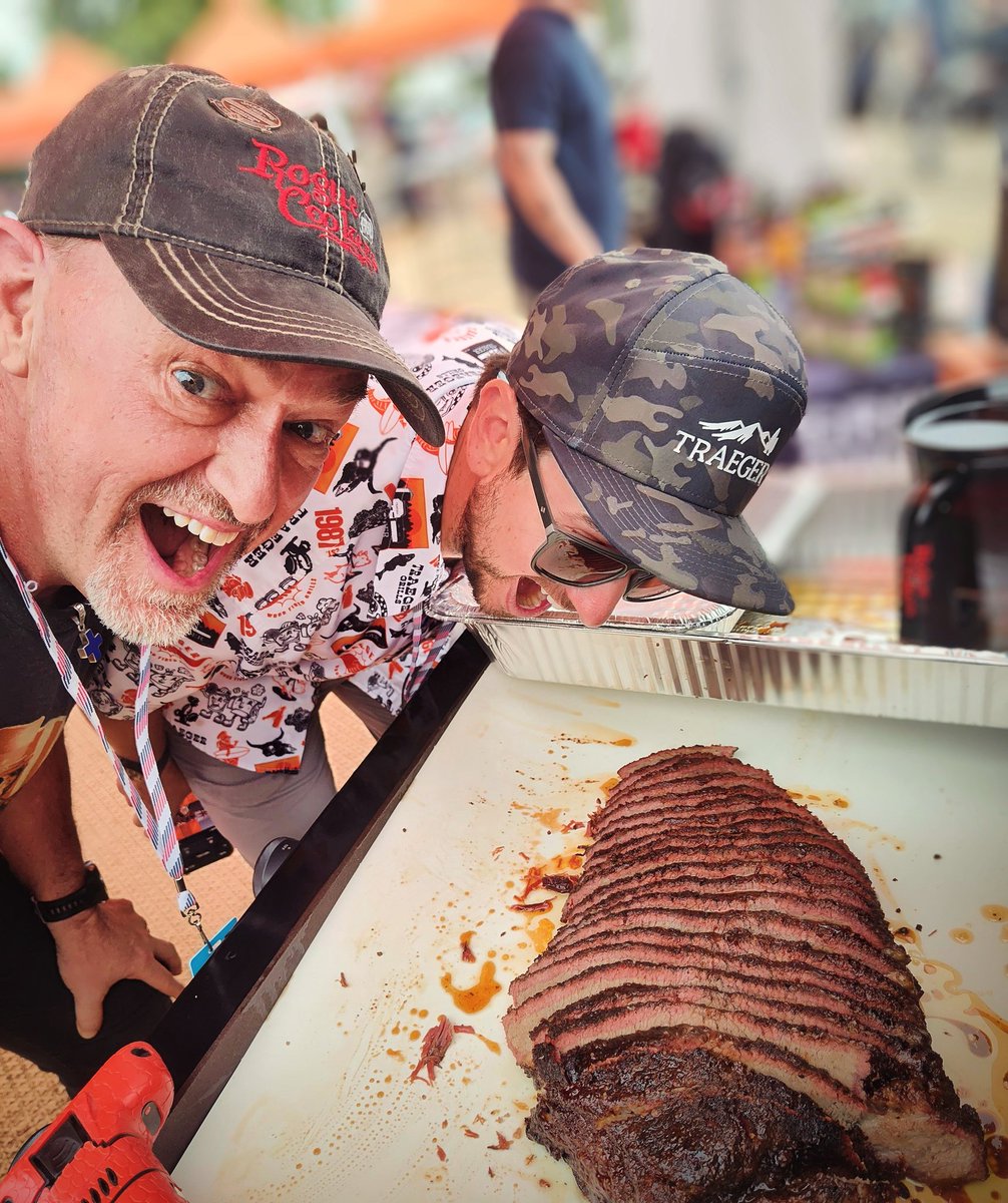 Happy Flashback FriYay Friday #22 - #2024.   Traeger Day at Memphis In May version. Having some fun with Julian before  going on stage for our next demo Class for Home Depot.  Julian's idea to use the demo brisket from Friday to pack the house again worked like a charm.