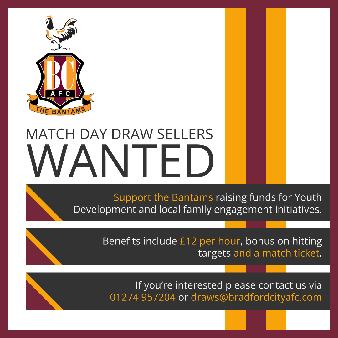 🎟️ | We're on the lookout for matchday draw ticket sellers to begin from the start of the 2024/25 season. 

📧 | Email draws@bradfordcityafc.com for details.

#BCAFC