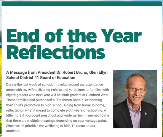 Please read 'End of the Year Reflections' from D41 Board of Education President Dr. Robert Bruno: secure.smore.com/n/3y7es