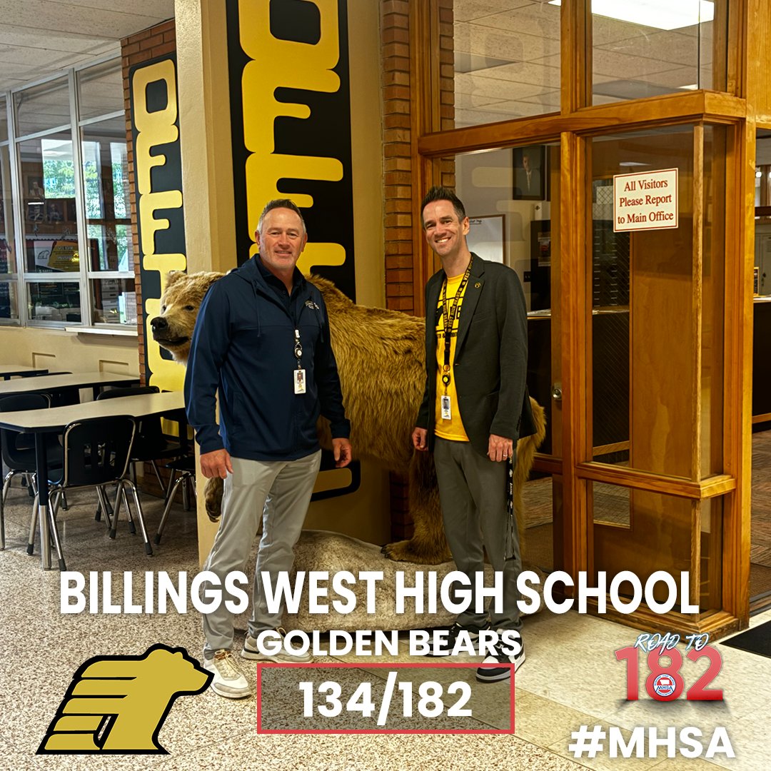 (134/182) Billings West High School

MHSA's Amy Bartels visited Billings West High School, a Class AA School. Their school colors are gold & back and their mascot is the Golden Bears. Thank you to Activities Director Mark Sulser and Principal Jeremy Carlson for showing us around.